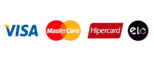 Pagamento com cartão de crédito. Bandeiras: Visa, Mastercard, Hipercard, Elo